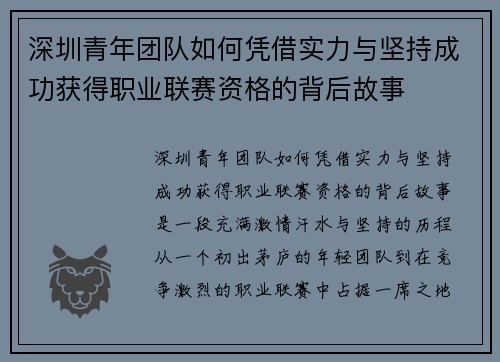 深圳青年团队如何凭借实力与坚持成功获得职业联赛资格的背后故事