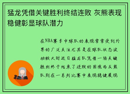猛龙凭借关键胜利终结连败 灰熊表现稳健彰显球队潜力 猛龙凭借关键胜利终结连败 灰熊表现稳健彰显球队潜力